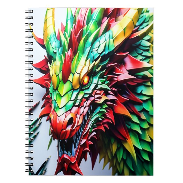 Caderno Espiral Dragão respirador de incêndio verde e vermelho (Frente)