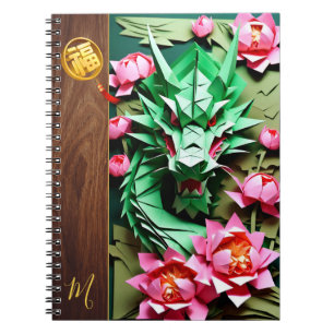Caderno Espiral Dragão Verde Chinês de Ano Novo Origami Monograma 