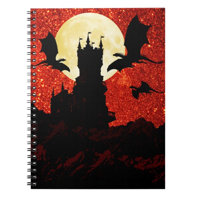 Caderno Espiral Dragões que voam, castelo do penhasco, Lua cheia, (Frente)