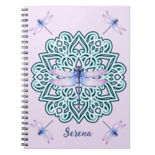 Caderno Espiral Dragonfly Azul Púrpura Personalizada Mandala Rosa