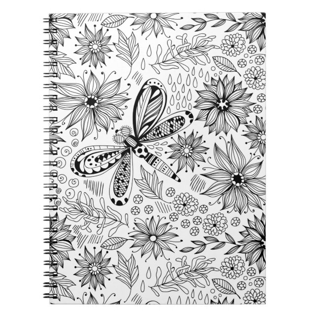 Caderno Espiral Dragonfly e flores rabisco (Frente)