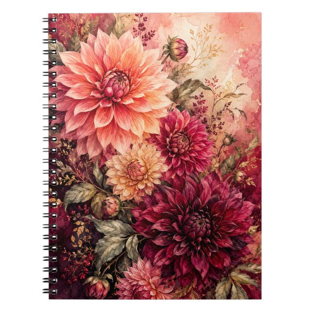 Caderno Espiral Dramático Jardim de Dália em Aquarela (Frente)
