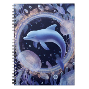 Caderno Espiral Dreamy Blue Dolphin and Jellyfish Ring Art