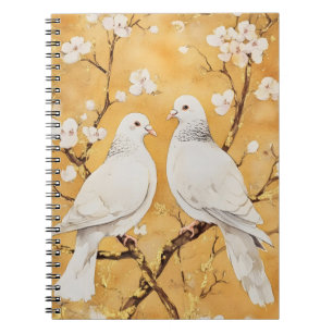 Caderno Espiral duas pombas brancas pousadas num ramo