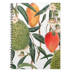 Caderno Espiral Duriano tropical com aquarela, padrão de manga.