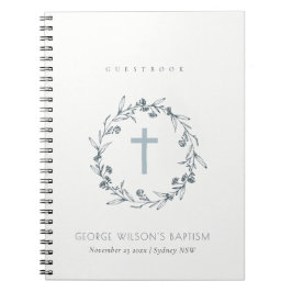 Caderno Espiral Dusky Blue Floral Laurel Wreath Monograma Baptism 