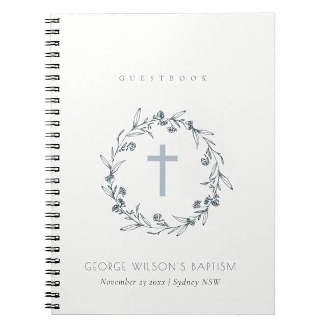 Caderno Espiral Dusky Blue Floral Laurel Wreath Monograma Baptism  (Frente)