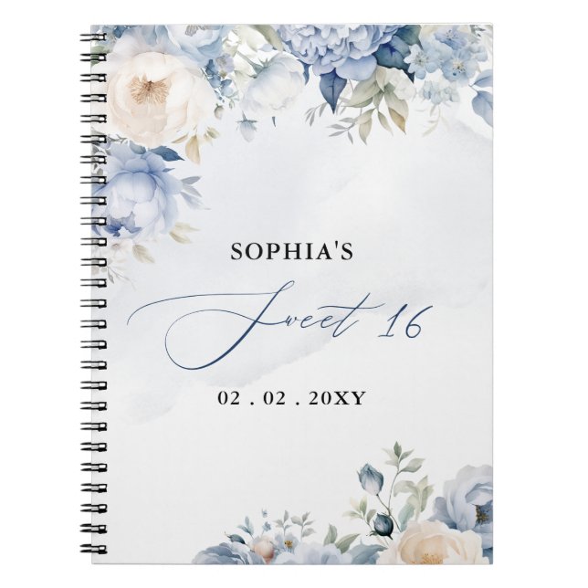 Caderno Espiral Dusty Blue Floral Sweet 16 Livro de Convidados (Frente)