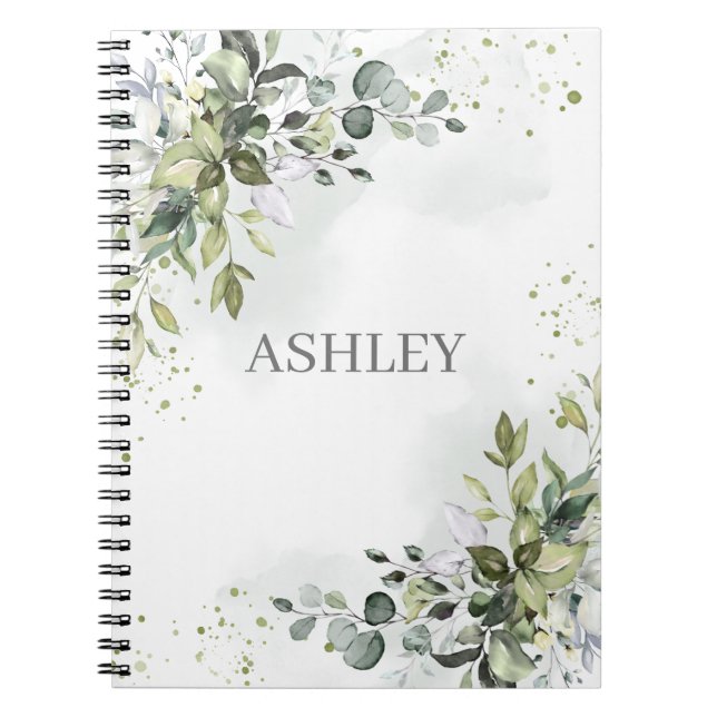 Caderno Espiral Dusty Blue Greenery Nome Personalizado de Aquarela (Frente)