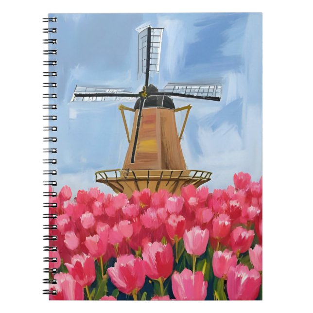 Caderno Espiral Dutch Windmill | Tulip Flower Field Watercolor (Frente)