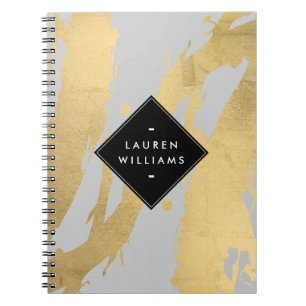 Caderno Espiral Edgy Faux Dourados Brushstrokes em Cinzas