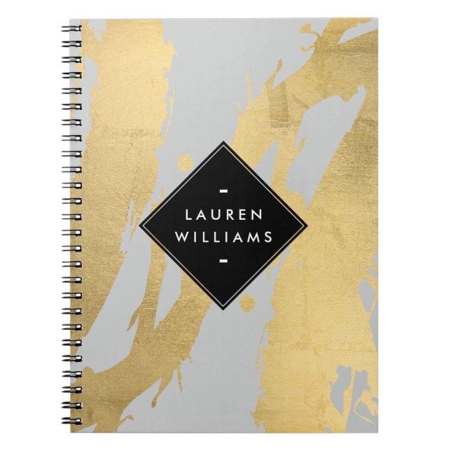 Caderno Espiral Edgy Faux Dourados Brushstrokes em Cinzas (Frente)