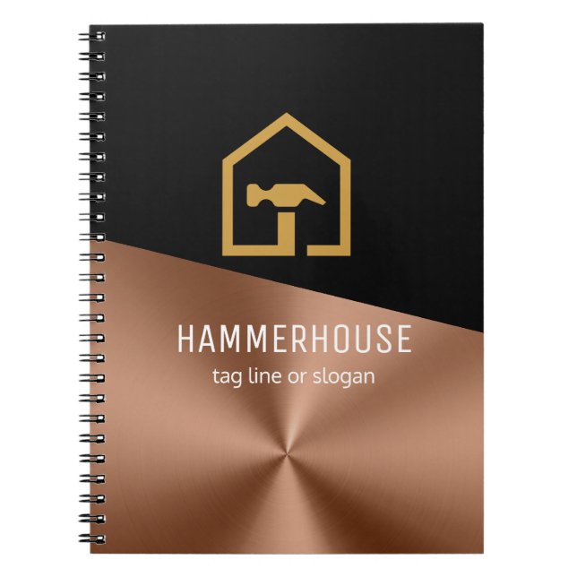 Caderno Espiral Edifício de Construção Preto e Bronze Moderno (Frente)