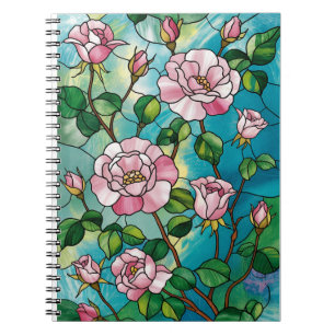 Caderno Espiral Efeito de Vidro Colorido Floral Flores Rosadas Bot