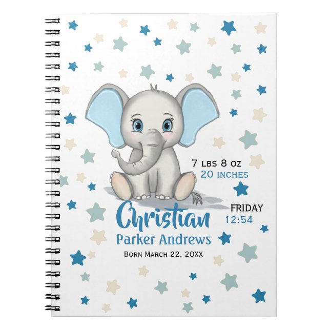 Caderno Espiral Elefante-Bebê-Bonito com Nascentes-Garotos Azuis (Frente)