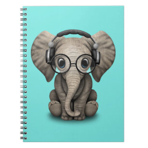 Caderno Espiral Elefante bonito DJ do bebê que veste fones de