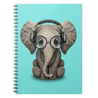 Caderno Espiral Elefante bonito DJ do bebê que veste fones de