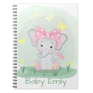 Caderno Espiral Elefante de bebê bonito com arco rosa numa clare