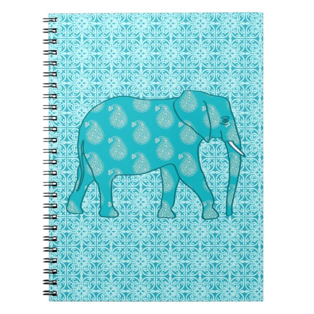 Caderno Espiral Elefante de Paisley - turquesa e aqua (Frente)