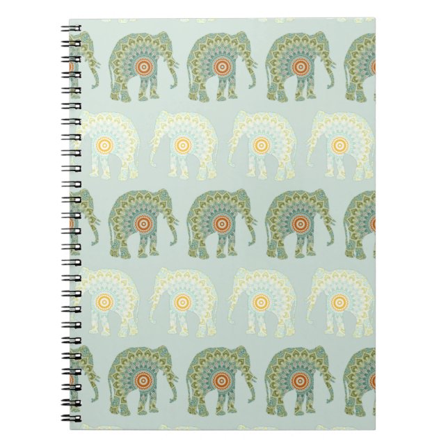Caderno Espiral Elefante e Mandala em Verde Claro (Frente)