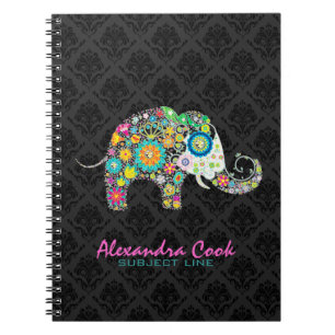 Caderno Espiral Elefante Floral Colorido Preto Damasco