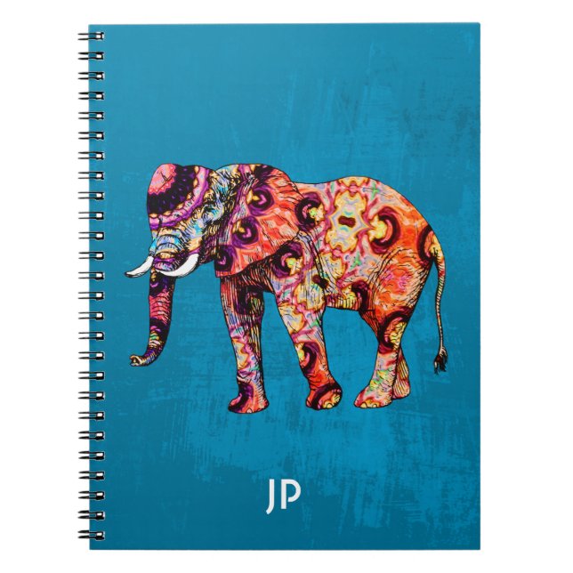 Caderno Espiral Elefante multicolorido colorido em fundo azul (Frente)