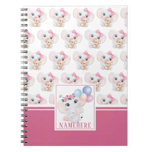 Caderno Espiral Elefante Rosa Girly com Padrão de Arco e Balão