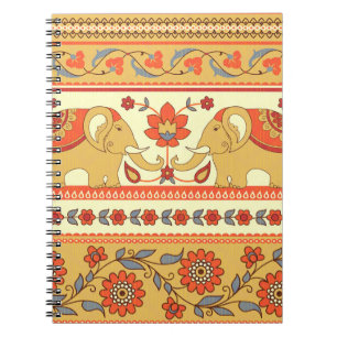 Caderno Espiral Elefantes étnicos, flores, padrão contínuo.