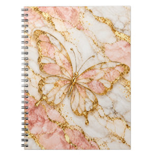 Caderno Espiral Elegância em Mármore Rosa Borboleta Dourada