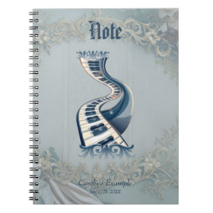 Caderno Espiral Elegância em teclas de piano e flores.