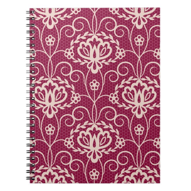 Caderno Espiral Elegância Floral: Padrão de rendas Vermelhas (Frente)