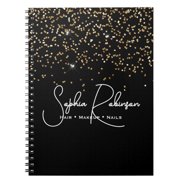 Caderno Espiral Elegant Black and Gold Glitter Salon Business (Frente)