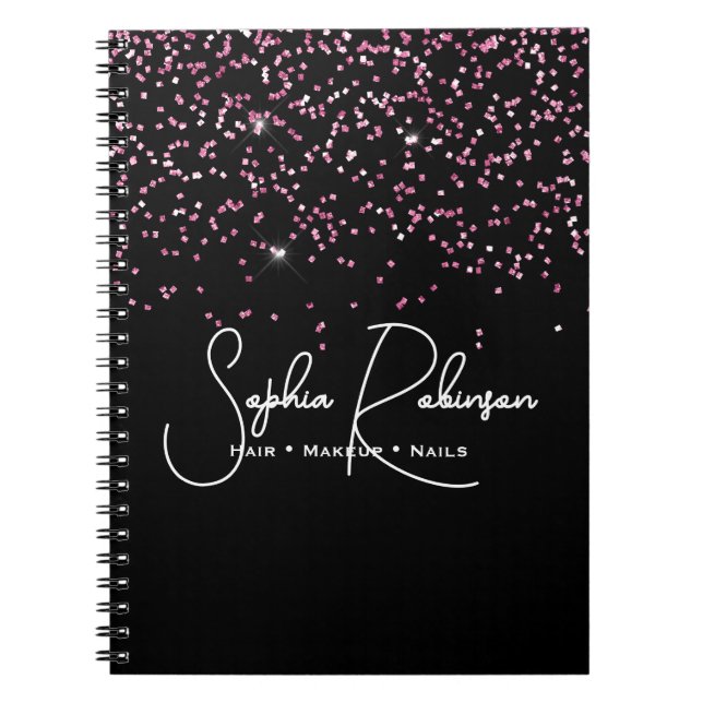Caderno Espiral Elegant Black and Pink Glitter Salon Business (Frente)