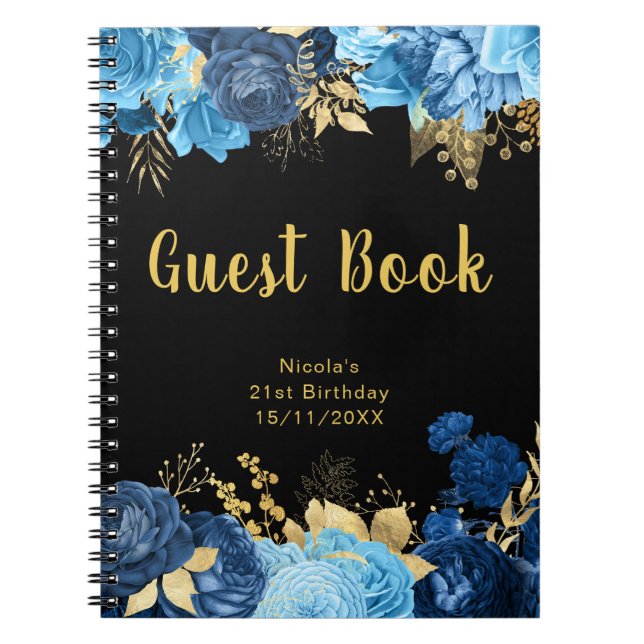 Caderno Espiral Elegant Blue and Gold Flowers Birthday Guest Book (Frente)