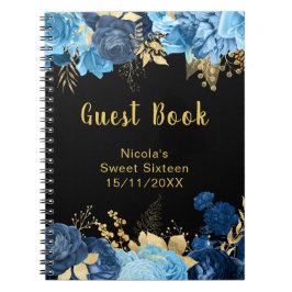 Caderno Espiral Elegant Blue and Gold Flowers Sweet Sixteen