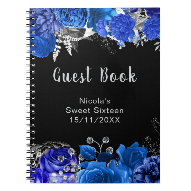 Caderno Espiral Elegant Blue and Silver Flowers Sweet Sixteen (Frente)