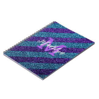 Caderno Espiral Elegant Blue &Purple Glitter Monogram Name