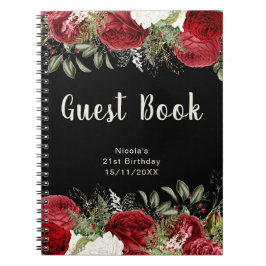 Caderno Espiral Elegant Christmas Red Flowers Birthday Guest Book