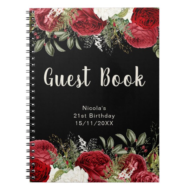 Caderno Espiral Elegant Christmas Red Flowers Birthday Guest Book (Frente)