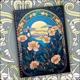 Caderno Espiral Elegant Flowers in Moonlight Art Nouveau