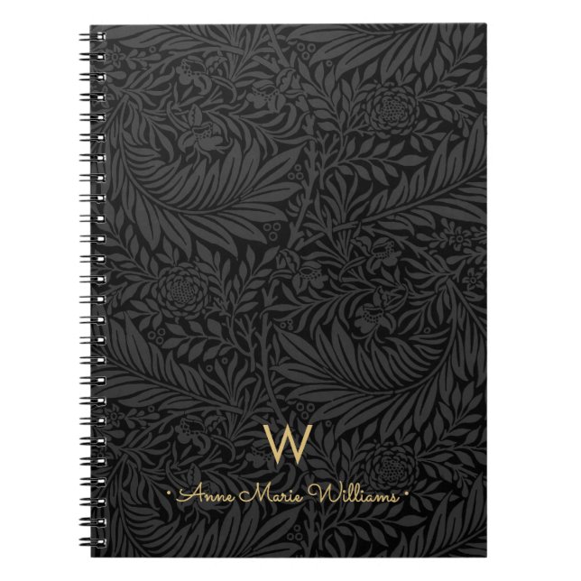 Caderno Espiral Elegant Gold Monogram Name Black Floral Pattern (Frente)