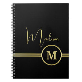 Caderno Espiral Elegant Gold Signature Monogram on Black