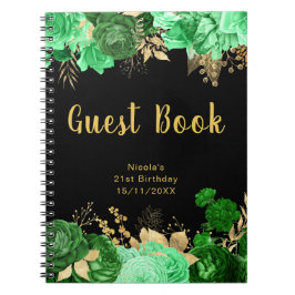 Caderno Espiral Elegant Green and Gold Flowers Birthday Guest Book