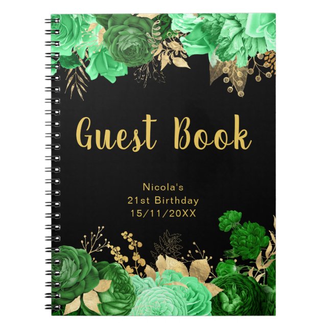 Caderno Espiral Elegant Green and Gold Flowers Birthday Guest Book (Frente)