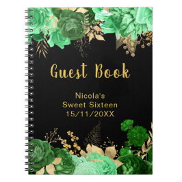 Caderno Espiral Elegant Green and Gold Flowers Sweet Sixteen