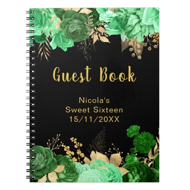 Caderno Espiral Elegant Green and Gold Flowers Sweet Sixteen (Frente)