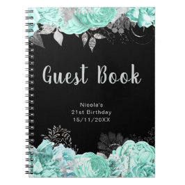 Caderno Espiral Elegant Green and Silver Flower Guest Book