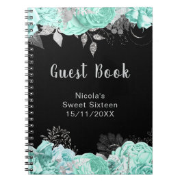 Caderno Espiral Elegant Green and Silver Flowers Sweet Sixteen