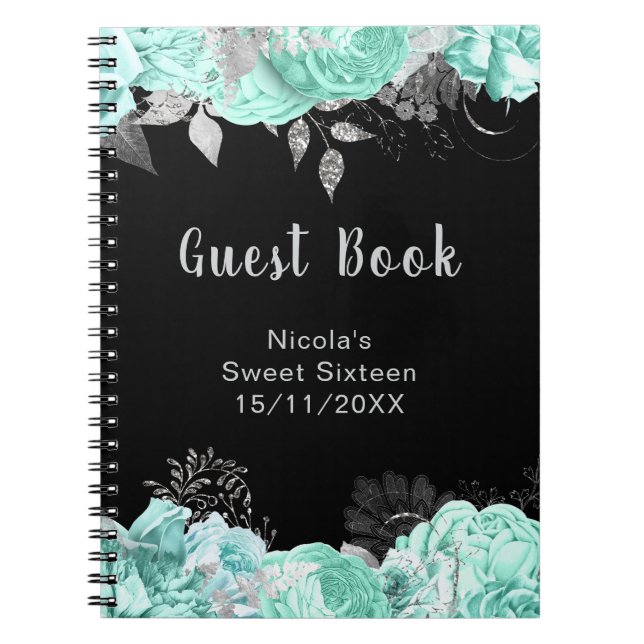 Caderno Espiral Elegant Green and Silver Flowers Sweet Sixteen (Frente)