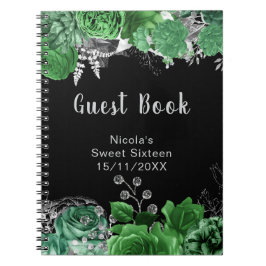 Caderno Espiral Elegant Green and Silver Flowers Sweet Sixteen 